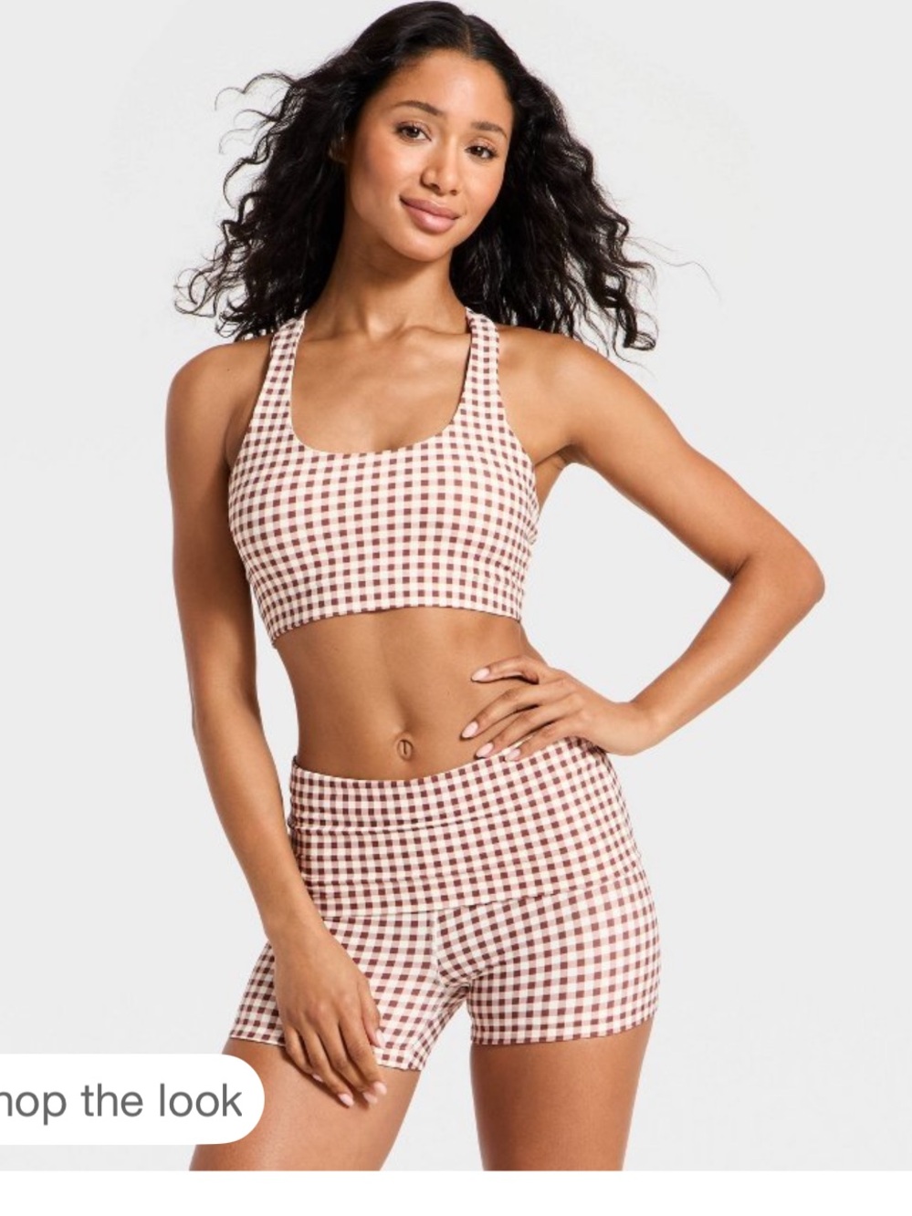 Gingham Sports Bra and High-Waist Shorts Set - brown White